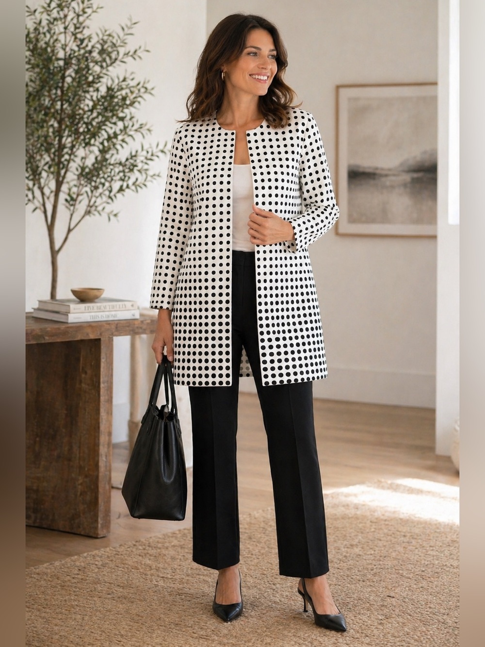 Black & White Polka Dot Open Front Jacket Size 14